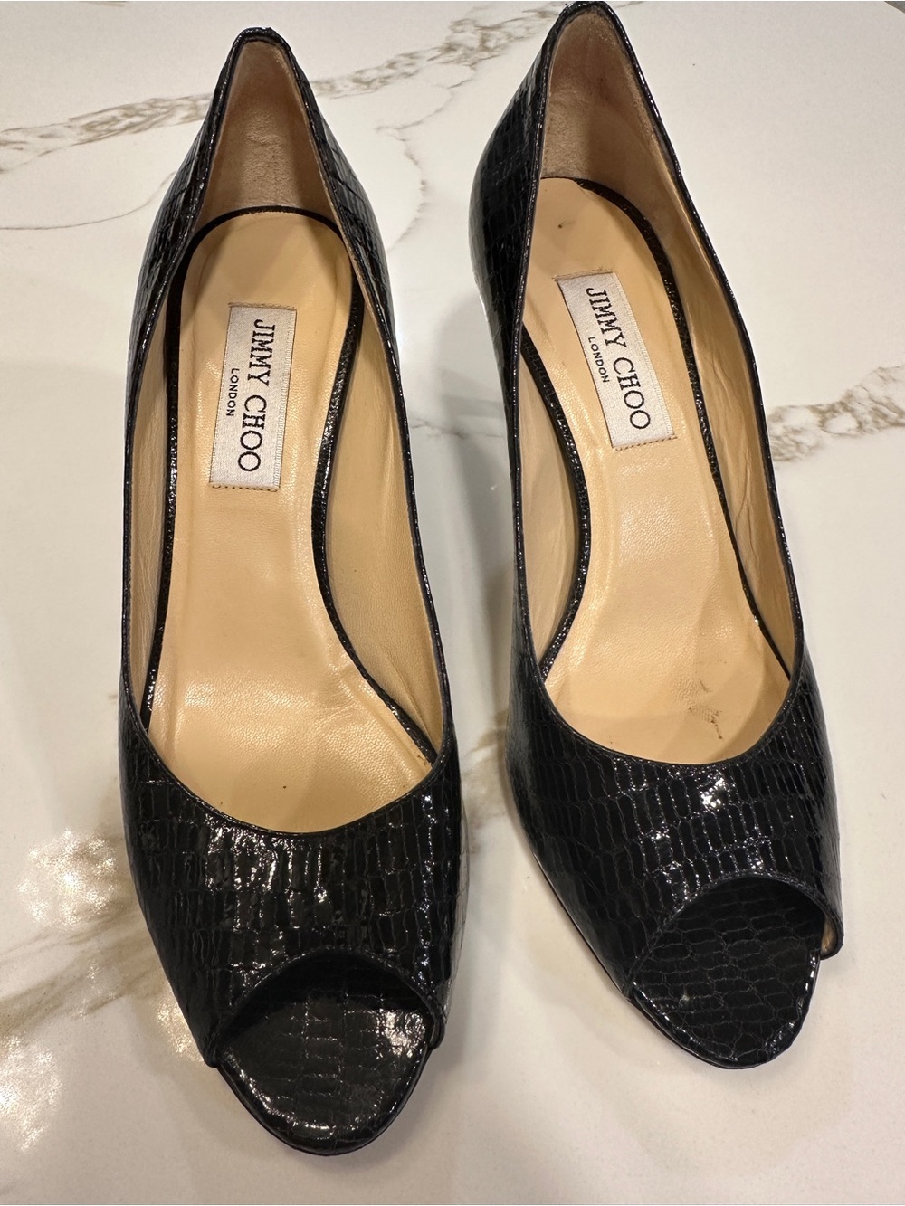 Jimmy Choo Black Patent Croc Peep Toe Pumps - Classic Heel